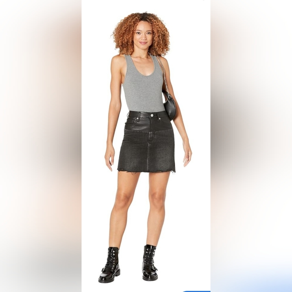 NWT Blank NYC Leather and Denim High-Rise Miniskirt with Raw Hem Black Denim 27